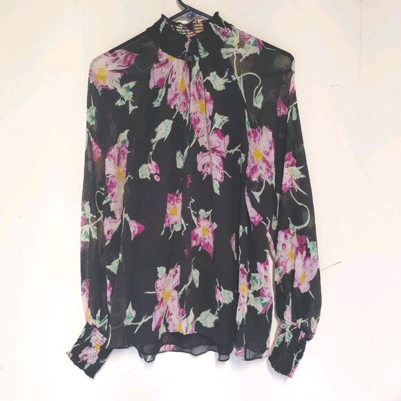 ALC Top Womens 4 Black Pink Multi Floral Silk Venetia Sheer Sleeve Boho Fairy - Picture 4 of 10